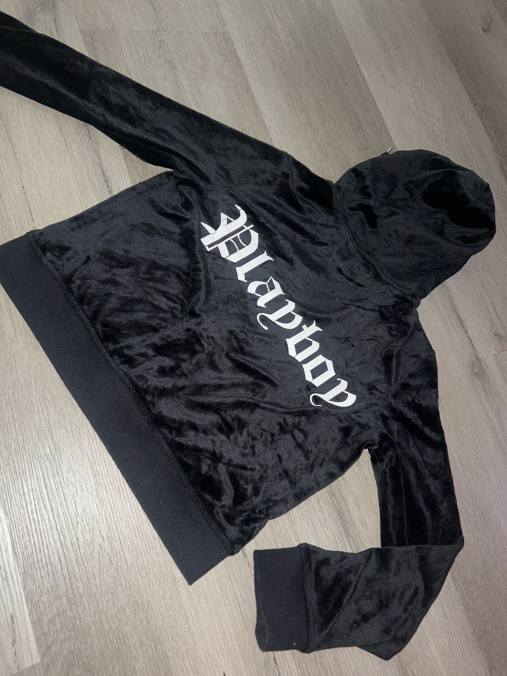 Black Playboy Velour Hoodie with White Gothic Script